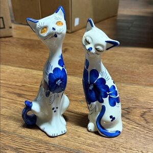 Blue and White Ceramic Cat Figurines,  Pottery Blue, Floral VINTAGE
